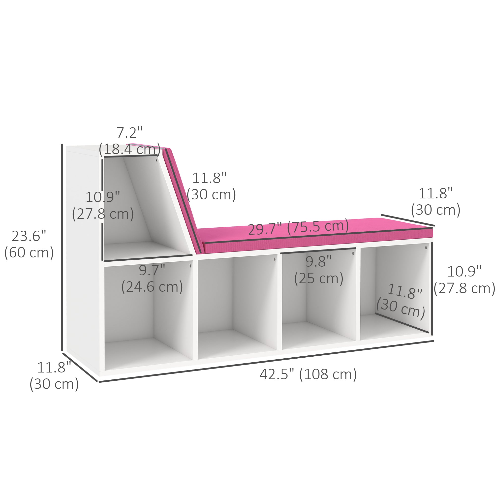 Multi-Purpose Bookshelf with 5 Cubes, 5-Cubby Bookcase with Cushioned Reading Nook and Storage Shelves, Pink