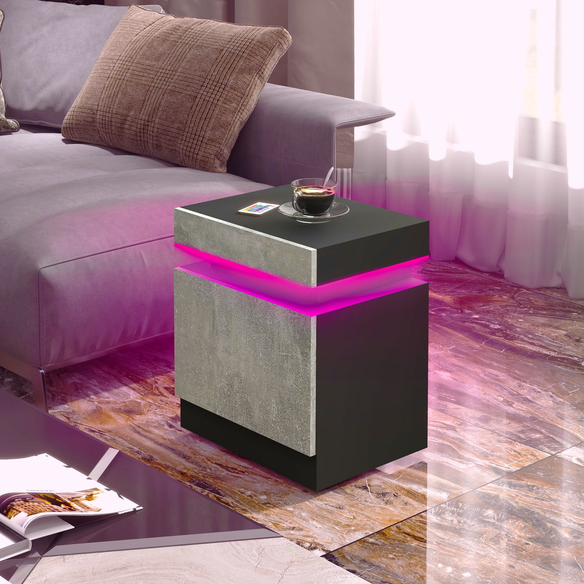 Nightstand, Bedside Table with LED Lights and 2 Drawers for Bedroom, Living Room, Cement Grey