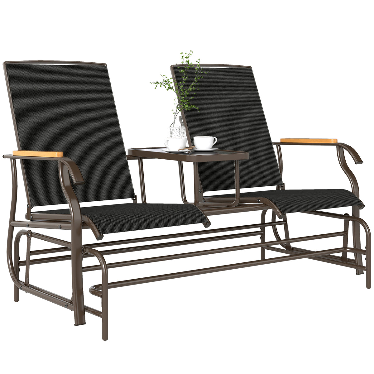 Outdoor 2-Person Glider Bench, Outside Swing Glider Chair Loveseat with Breathable Mesh, Table, Steel Frame