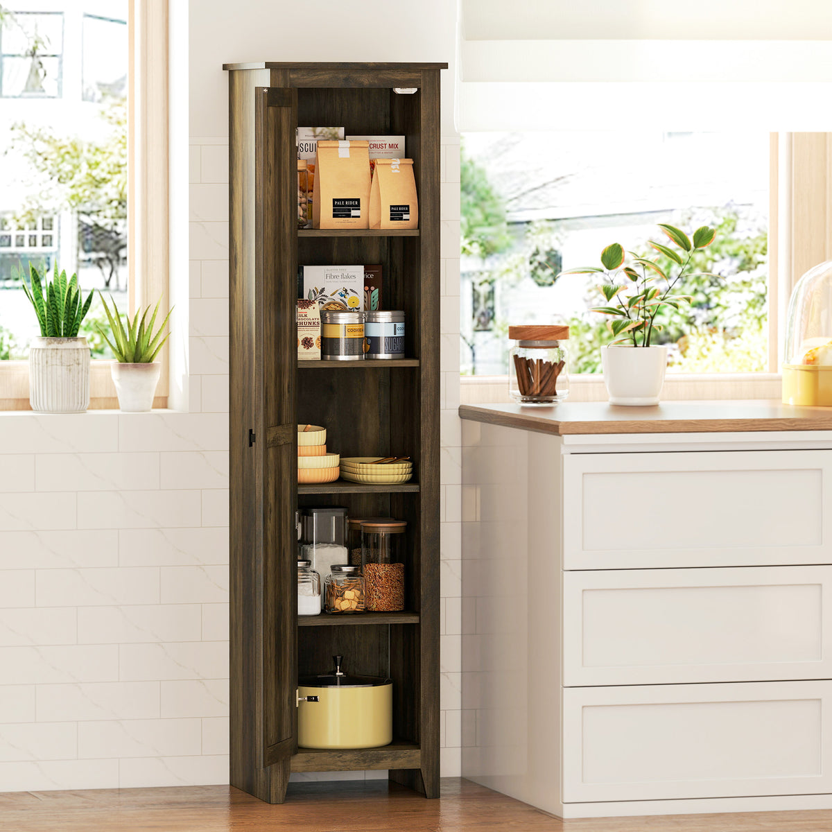 48" Farmhouse Kitchen Pantry Storage Cabinet with Barn Door, Kitchen Pantry Cabinet with Adjustable Shelves, White