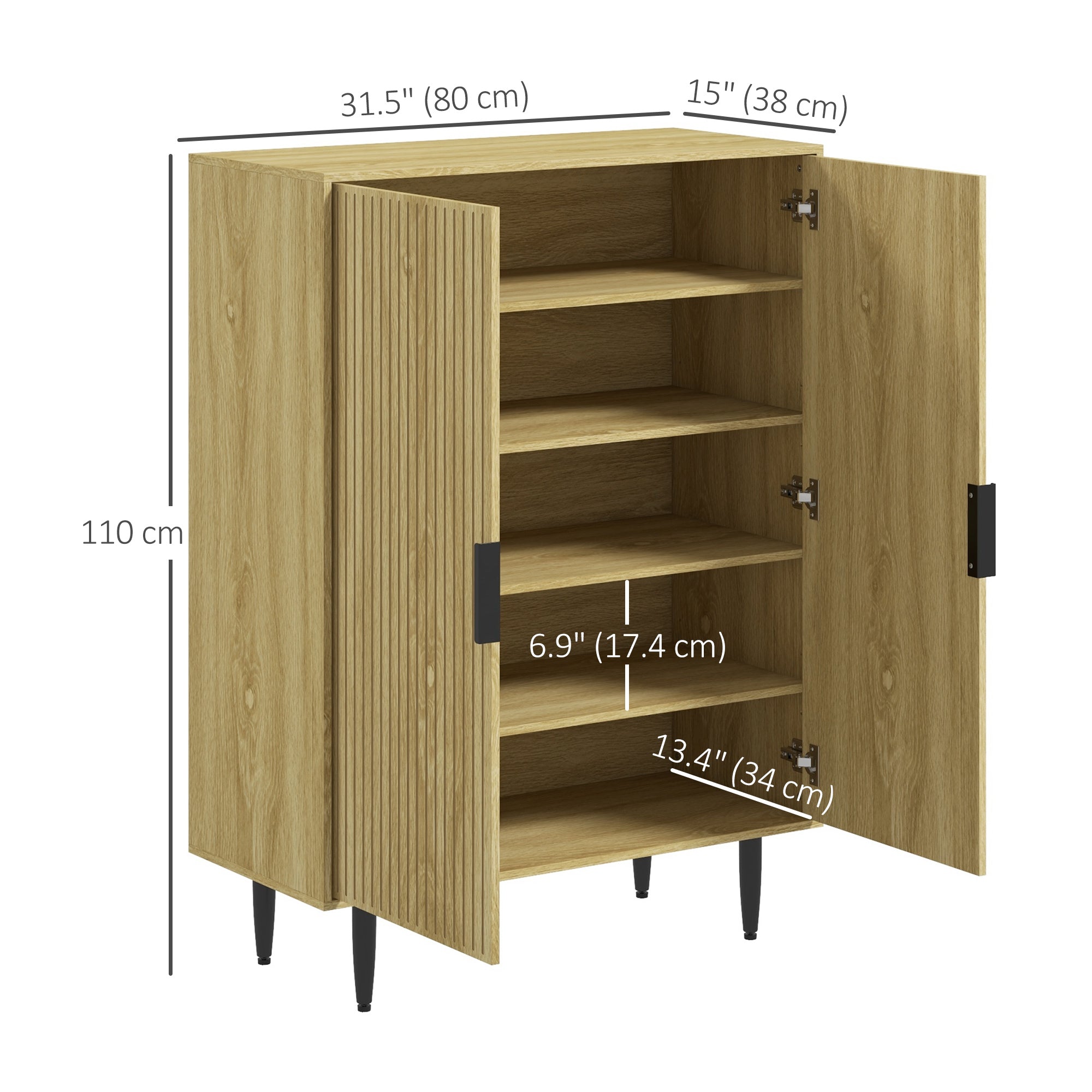 Entryway Shoe Cabinet with 5-Tier Shelving and Adjustable Shelves, 15 Pair Shoe Storage Organizer for Hallway, Oak