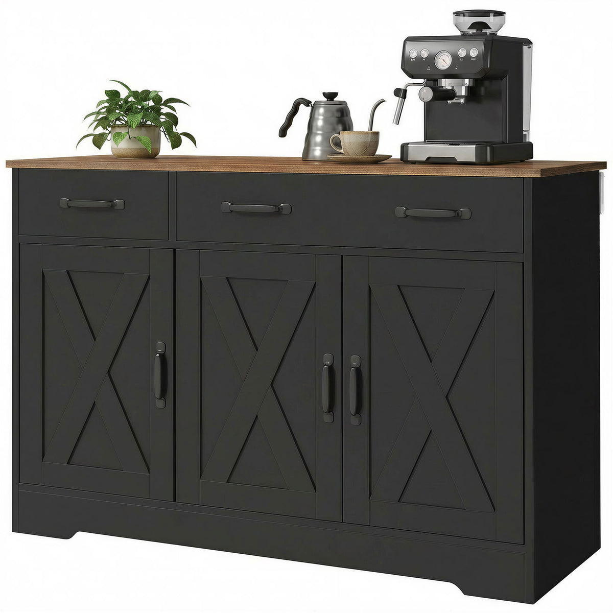 Sideboard Buffet Cabinet, 55" Farmhouse Kitchen Cabinet with 4 Barn Doors, 3 Drawers, 3 Adjustable Shelves, White