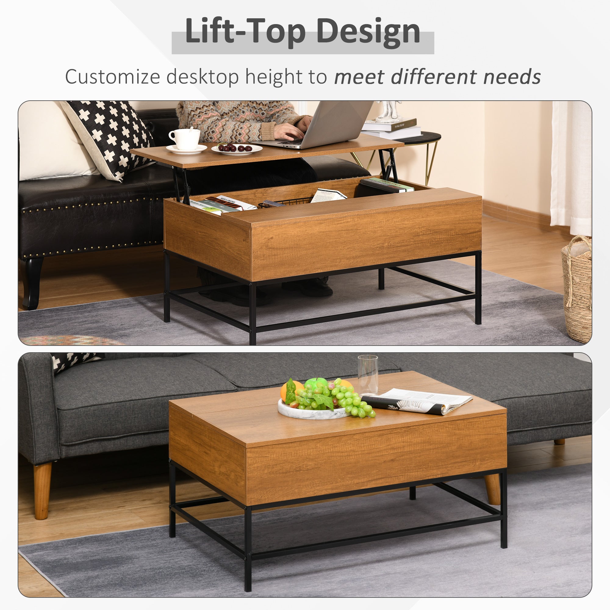 Lift Top Coffee Table with Hidden Storage Compartment Lift Tabletop Center Table for Living Room, Teak