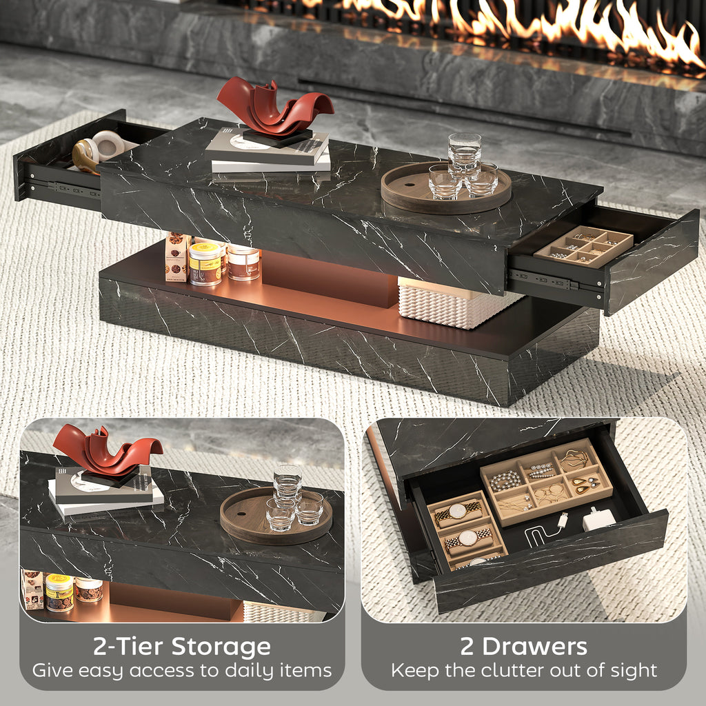 Coffee Table with Adjustable LED Lights, Center Table with 2 Drawers, Open Shelf, Remote, High Gloss Marble-Effect White