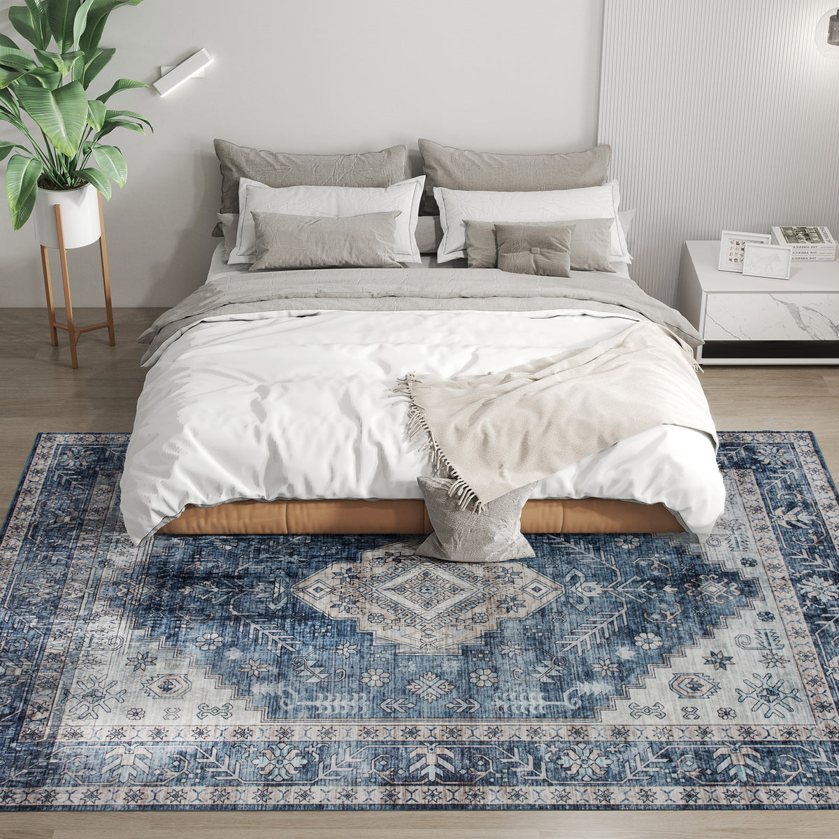 6x9 Area Rug, Vintage Machine Washable Rug, Non-Slip Floor Carpet for Living Room, Bedroom, Dining Room, Blue
