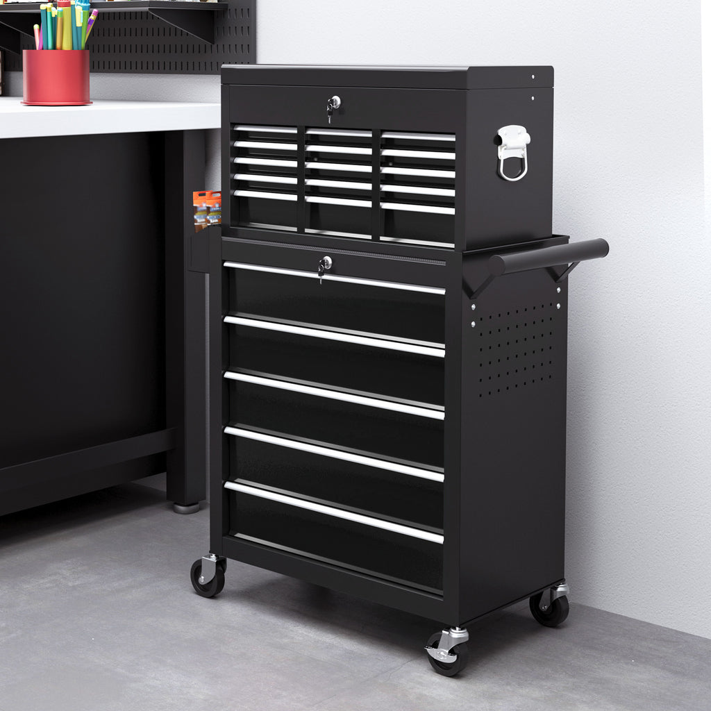 14 Drawer Rolling Tool Chest, Lockable Tool Storage Cabinet with Detachable Top Toolbox, Protective Liner, Black