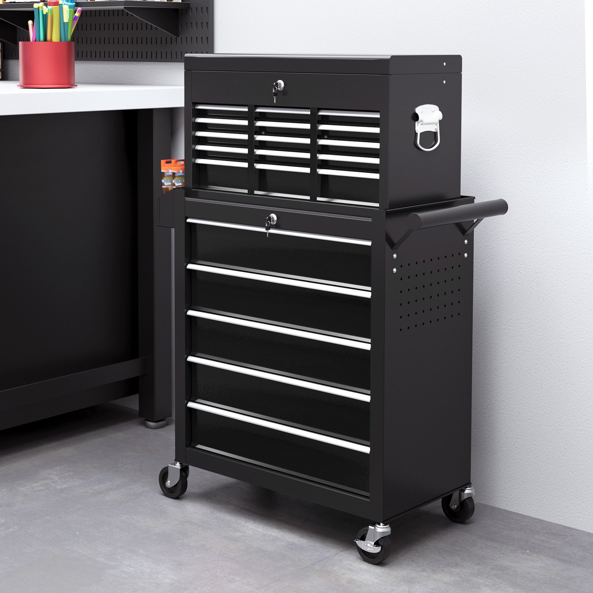 14 Drawer Rolling Tool Chest, Lockable Tool Storage Cabinet with Detachable Top Toolbox, Protective Liner, Black