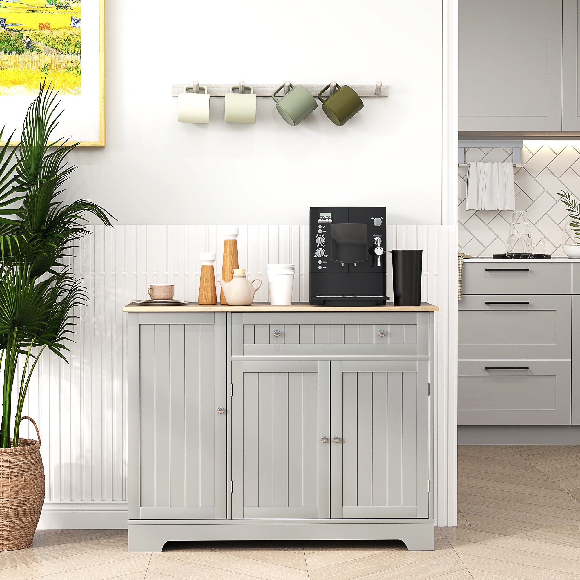 Modern Sideboard Cabinet, 41" Kitchen Buffet Cabinet with Drawer, Adjustable Shelf, 3 Doors for Dining Room, Grey