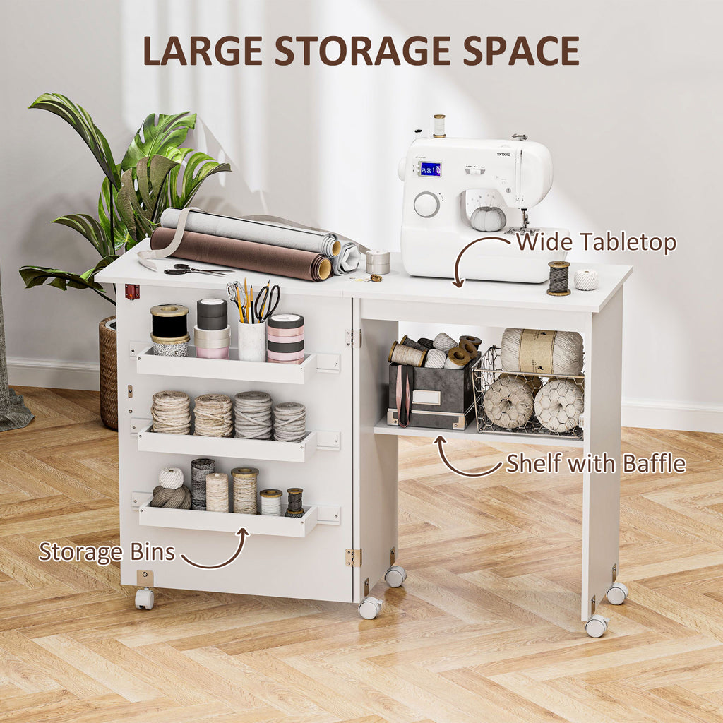 Sewing Machine Cabinet, Folding Sewing Table with Storage Shelf, Bins and Lockable Wheels for Small Space, White
