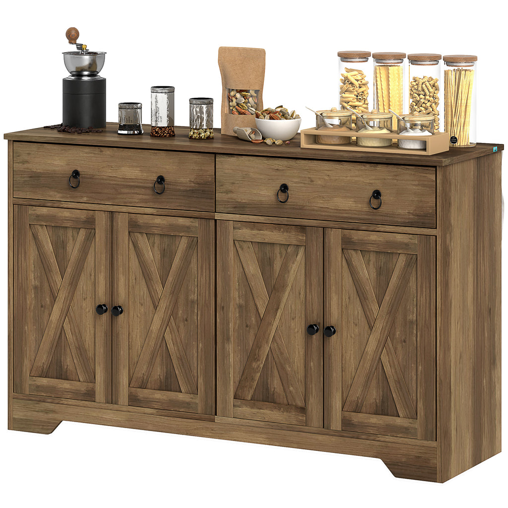 Sideboard Cabinet with 2 Drawers, 4 Barn Doors and 2 Adjustable Shelves, Buffet Table for Living Room, Light Brown