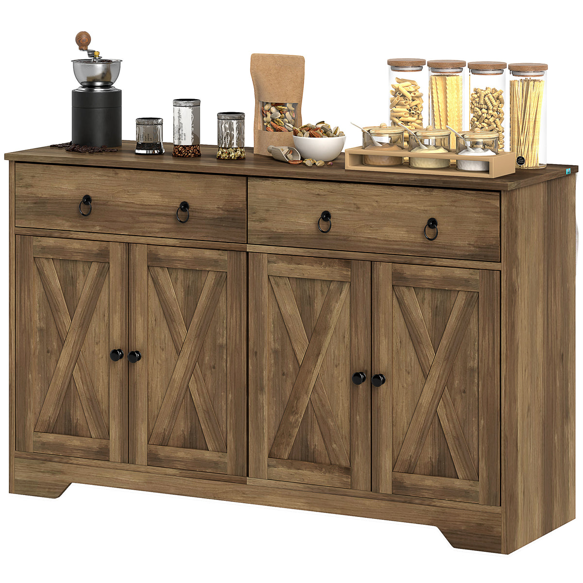 Sideboard Cabinet with 2 Drawers, 4 Barn Doors and 2 Adjustable Shelves, Buffet Table for Living Room, Light Brown