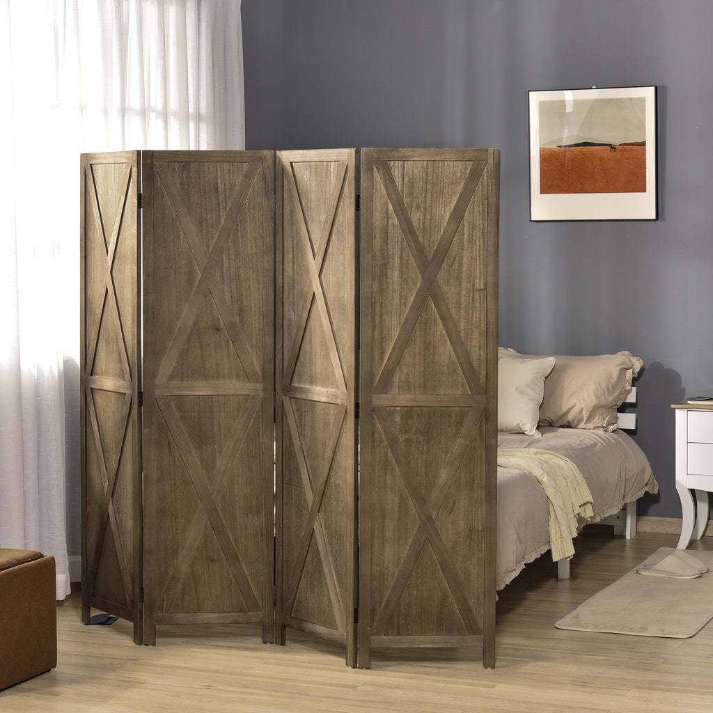 فاصل غرفة ريفي من 4 ألواح مع تصميم قابل للطي، إطار خشبي 5.6 قدم، بني