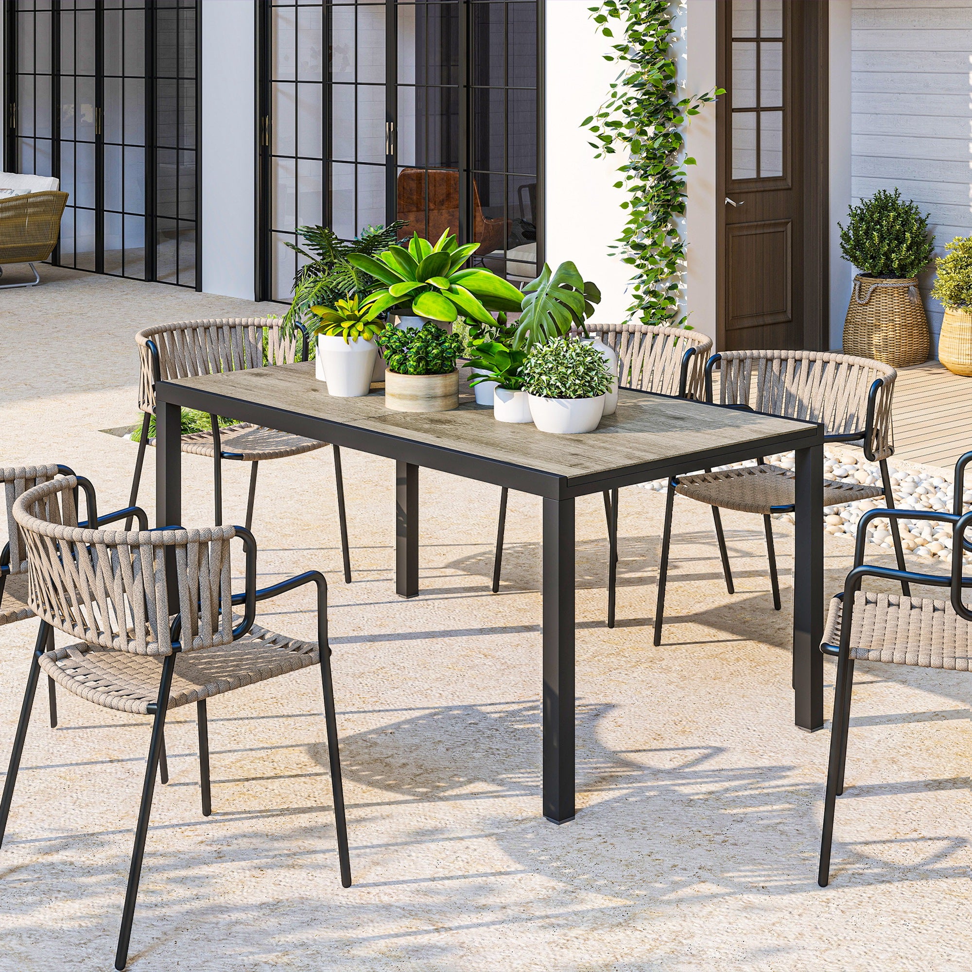 63"-94.5" Extendable Patio Dining Table for 6-8 Person, Outdoor Dining Table with Aluminium Edging, Steel Frame, Brown