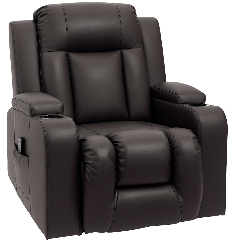 Swivel Massage Recliner Chair Rocker, Overstuffed Manual Reclining Sofa, PU Leather Rocking Chair with Side Pockets, Cup Holders, for Living Room, Nursery, Brown