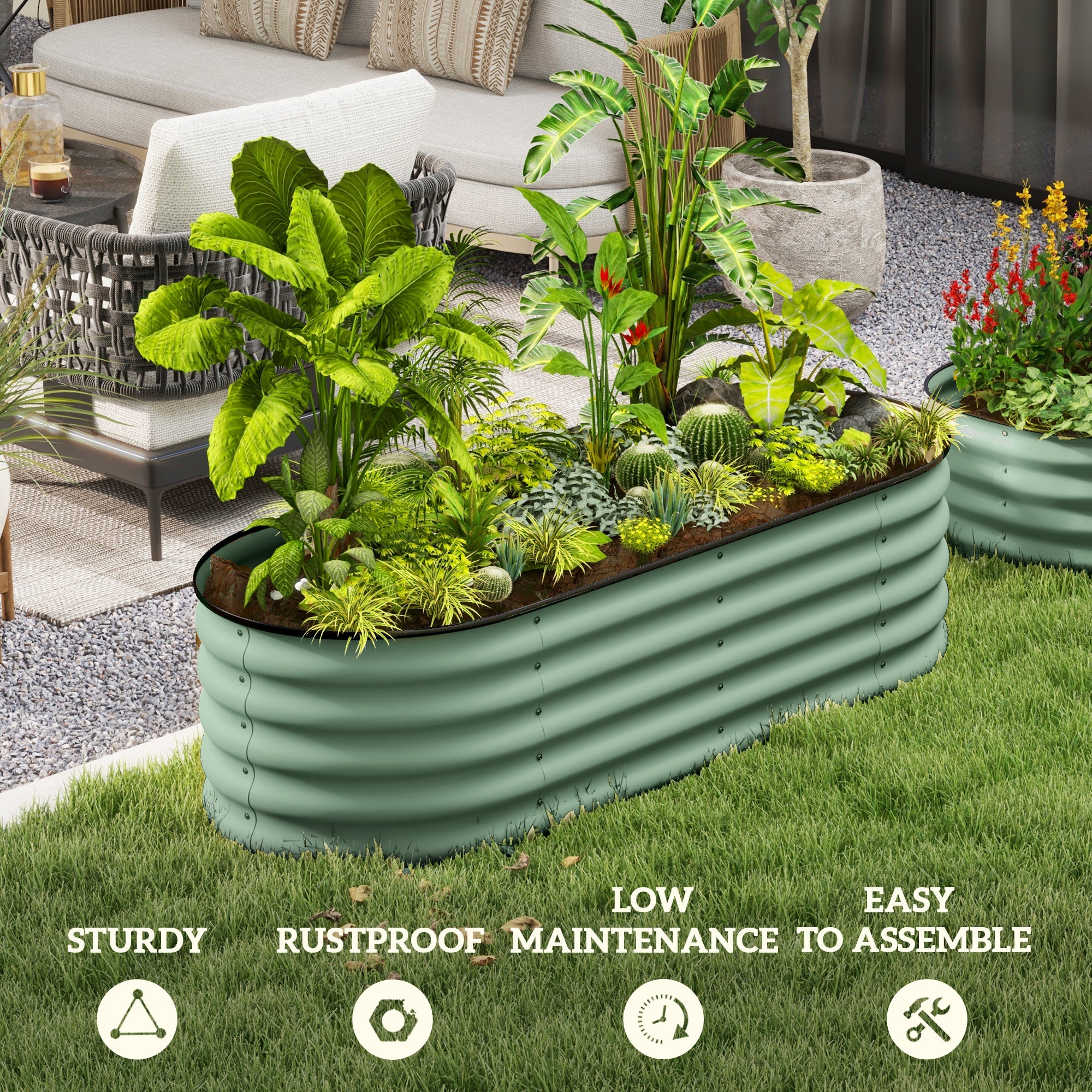 6.5 x 2 x 1.5 FT Galvanized Steel Raised Garden Bed, Metal Garden Bed Planter Box with Safety Edging, Green