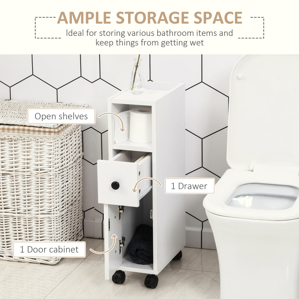Slim Bathroom Cabinet with Wheels, Narrow Bathroom Storage Cabinet with Door, Drawer and 2 Open Compartments, White