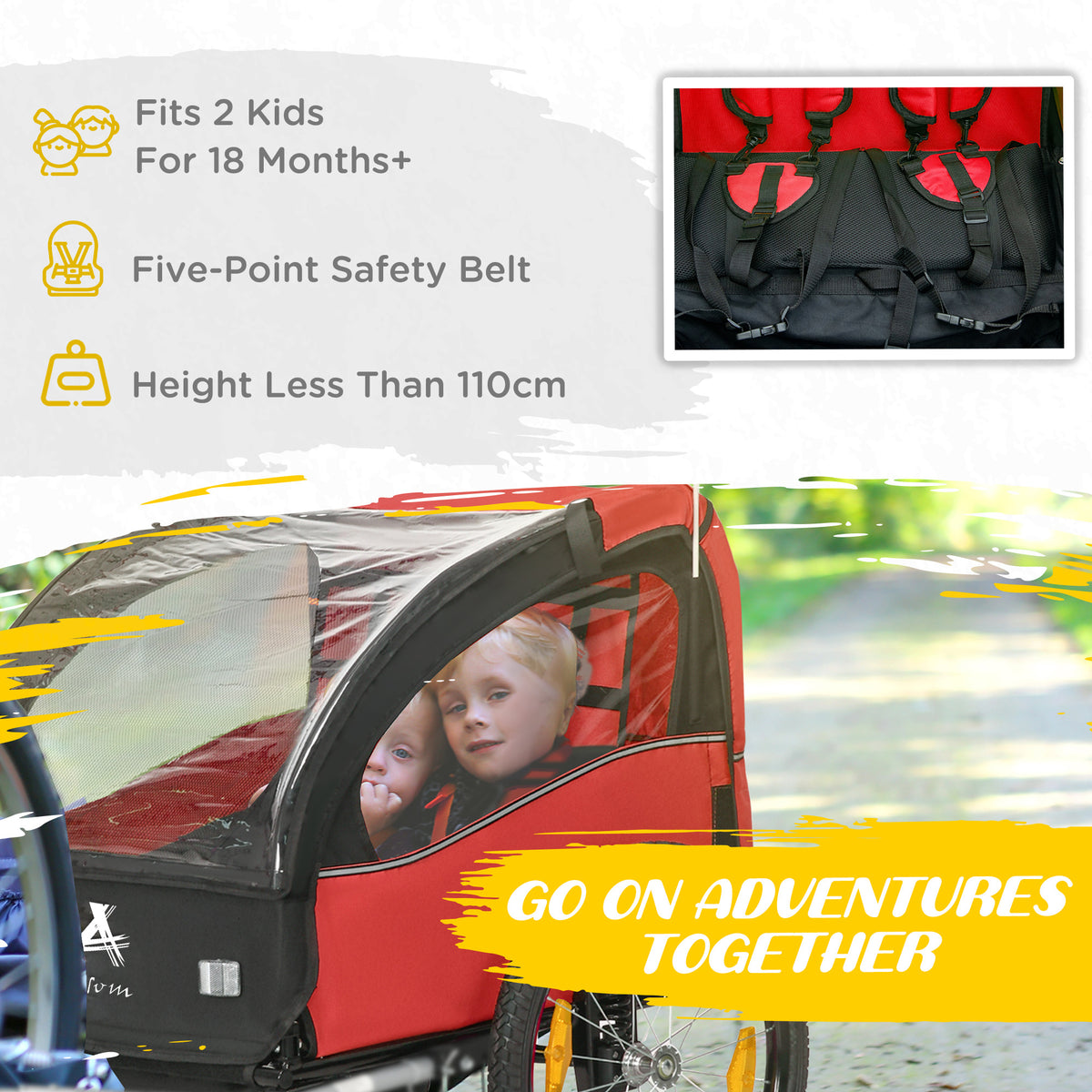 Aosom 2 Seat Bike Trailer for Kids, Baby Stroller with Storage Bag, 5 Point Harness, Bicycle Trailer with 20" Wheels, Green