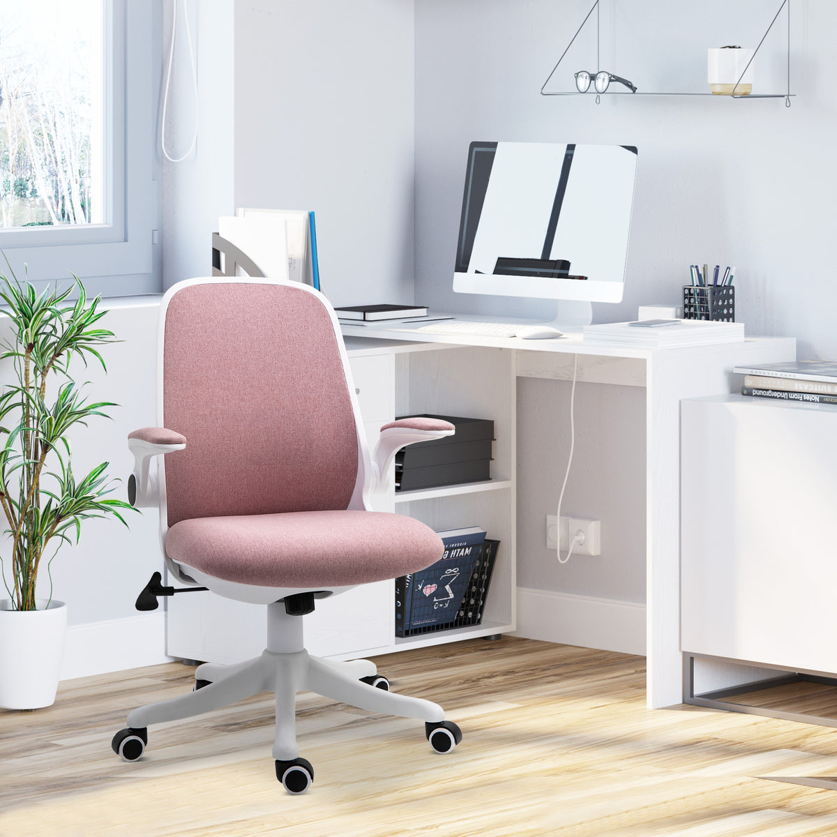 360° Swivel Office Chair Task Chair, Breathable Fabric Computer Chair with Flip-up Arms and Adjustable Height, Pink