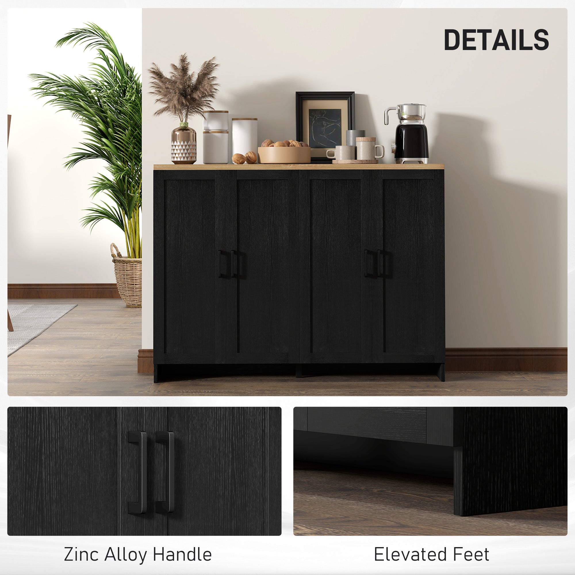 Modern Sideboard Buffet Cabinet, Modern Kitchen Storage Cabinet with 3 Doors Adjustable Shelves, for Dining Room, Black