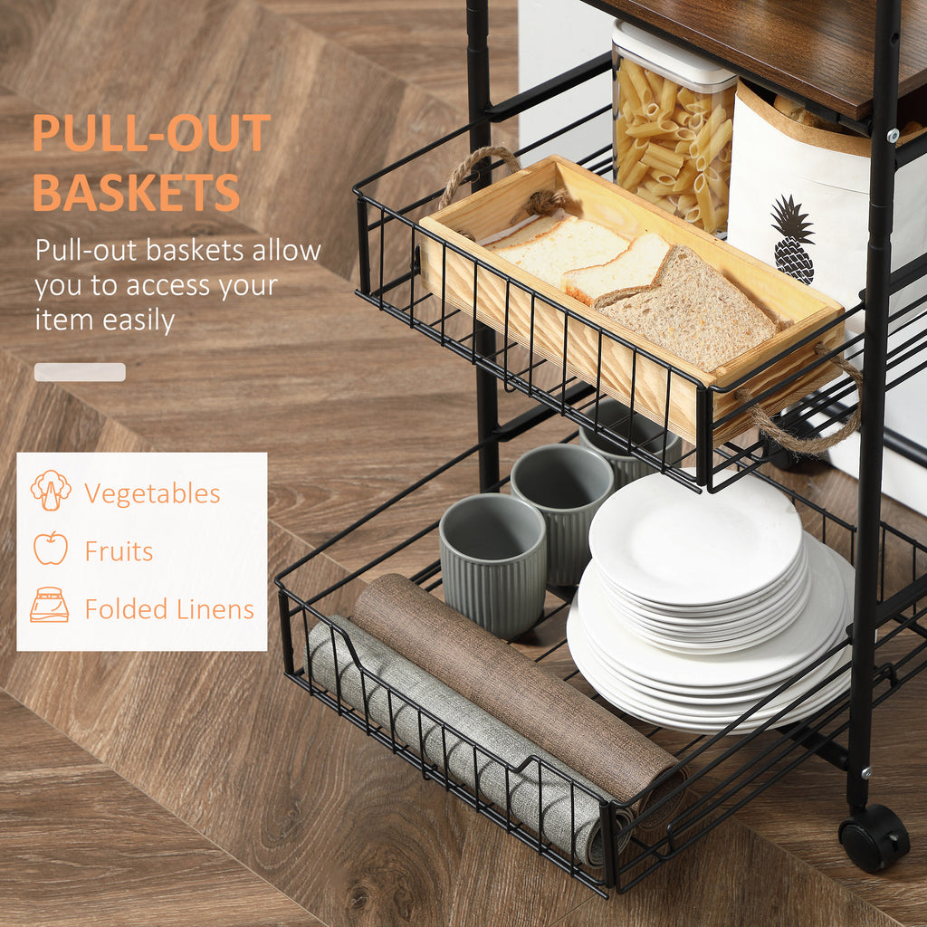 Rolling Kitchen Cart, 3-Tier Utility Storage Cart with 2 Basket Drawers & Side Hooks, Lockable Casters for Dining Room
