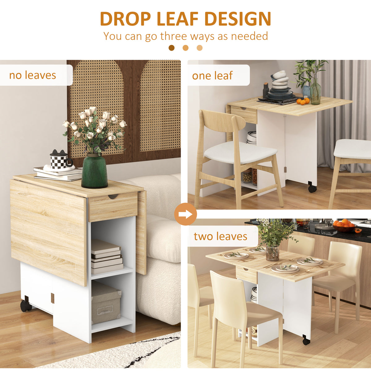 Folding Dining Table, Space Saving Drop Leaf Table with Drawer and Storage Shelves for Kitchen, Dining Room, Oak
