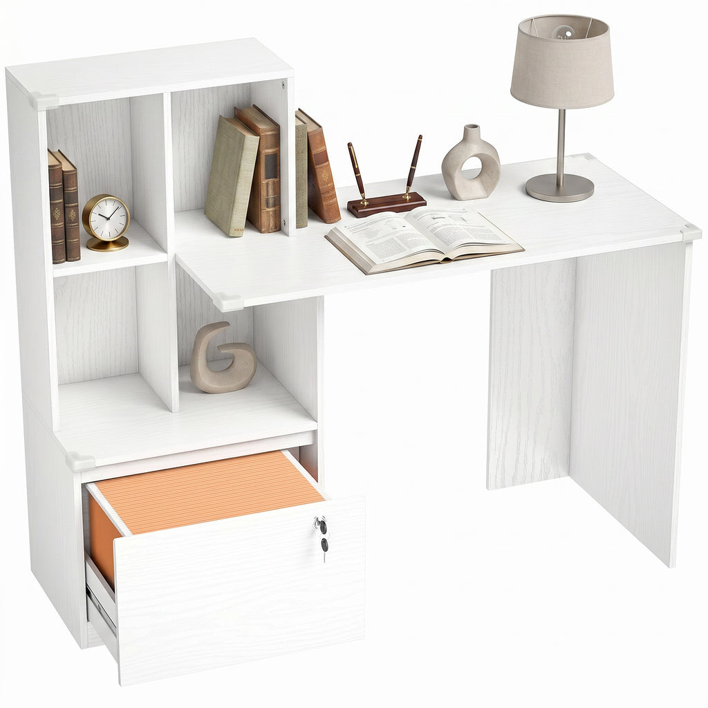 Computer Desk, Office Desk with Bookshelf, File Drawer and Legal Hanging File Holders, White Wood Grain