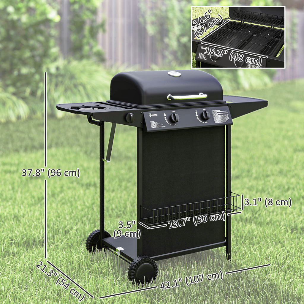 3+1 Burner Propane Gas BBQ Grill, Portable Gas Barbecue Grill with Side Burner, Thermometer, Lid, Side Table, Shelf, Spice Rack, Wheels, Grease Cup for Garden, Black