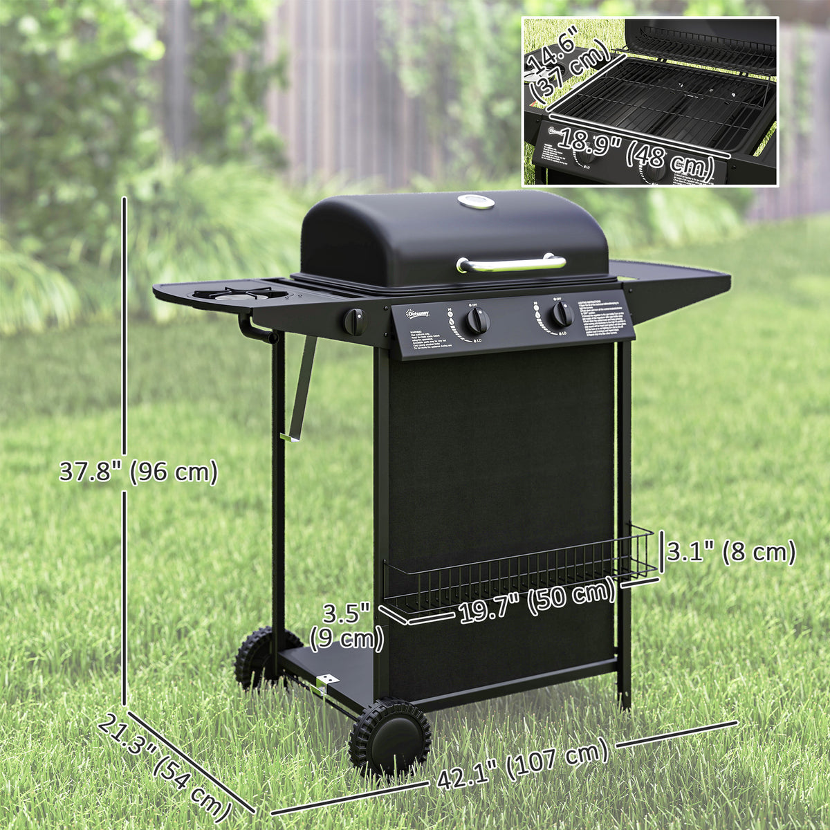 3+1 Burner Propane Gas BBQ Grill, Portable Gas Barbecue Grill with Side Burner, Thermometer, Lid, Side Table, Shelf, Spice Rack, Wheels, Grease Cup for Garden, Black