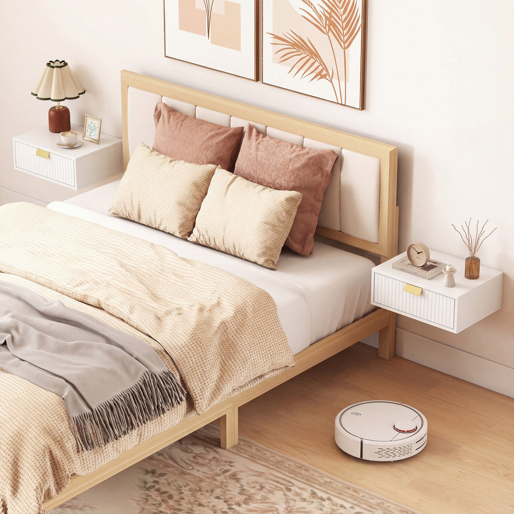 Modern Floating Nightstands Set of 2, Wall Mounted Bedside Tables with Wave Drawer White