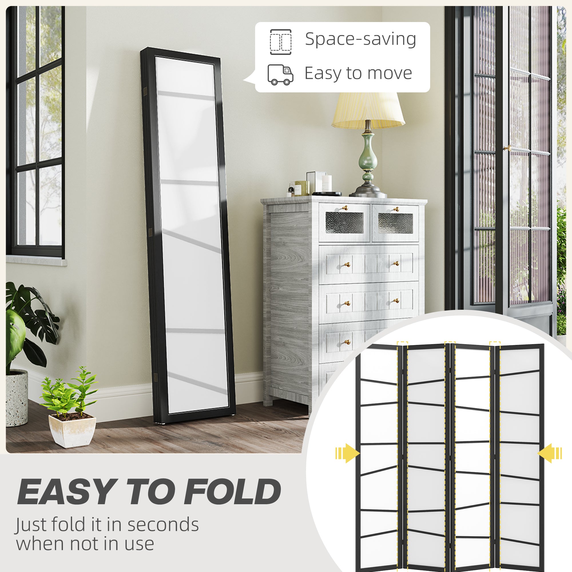 5.6ft Folding Room Divider, 3 Panel Wall Partition with Wood Frame for Bedroom, Home Office, White