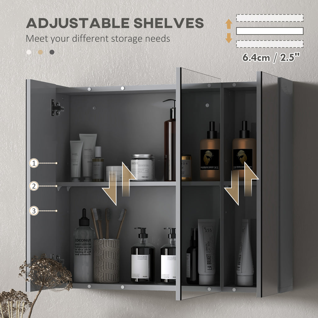 28" x 24" Wall Mounted Mirror Cabinet, Bathroom Medicine Cabinet with Mirror, 3 Doors and Adjustable Shelves, White