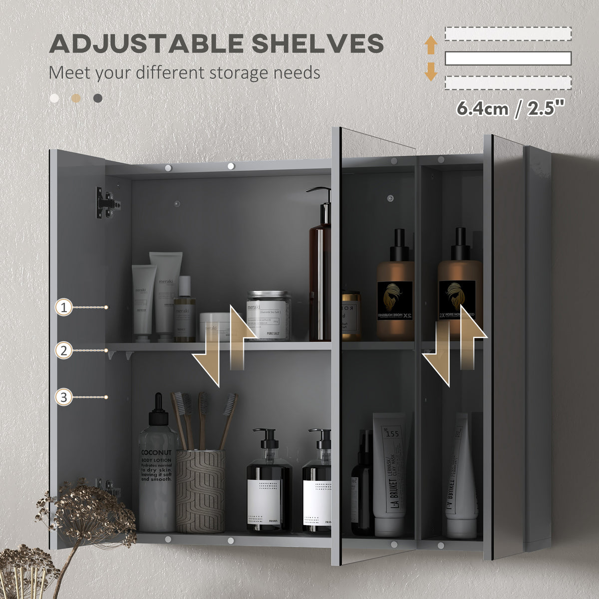 28" x 24" Wall Mounted Mirror Cabinet, Bathroom Medicine Cabinet with Mirror, 3 Doors and Adjustable Shelves, White