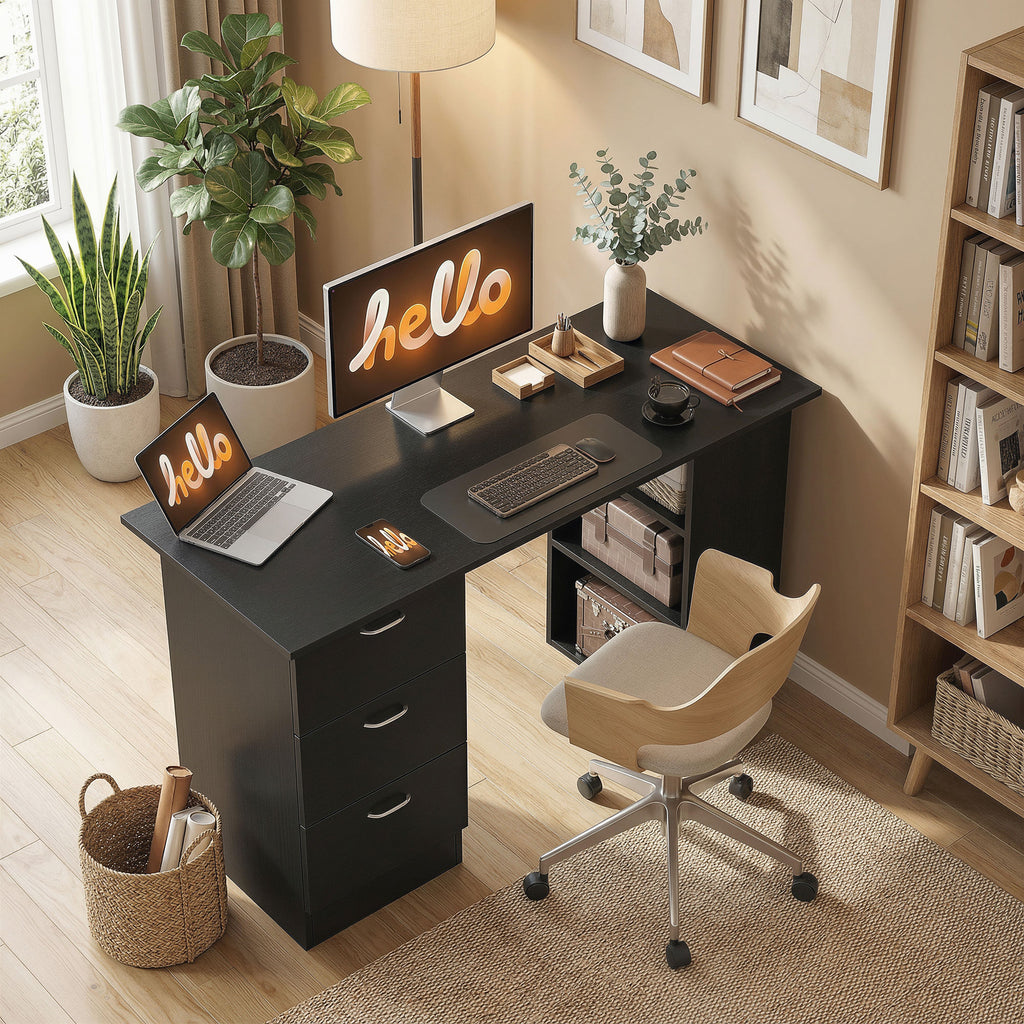 Computer Desk, 47" Writing Table with 3-Tier Shelves and 3 Reversible Drawers for Home Office, Bedroom, White