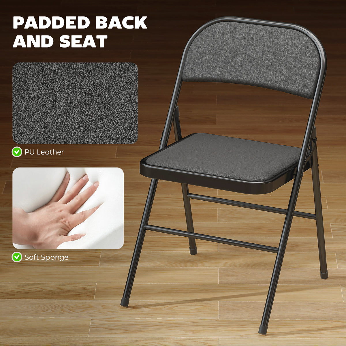 Set of 4 Metal Foldable Chairs, PU Leather Padded Folding Chairs with Cushion Seat and Open Back for Indoor, White