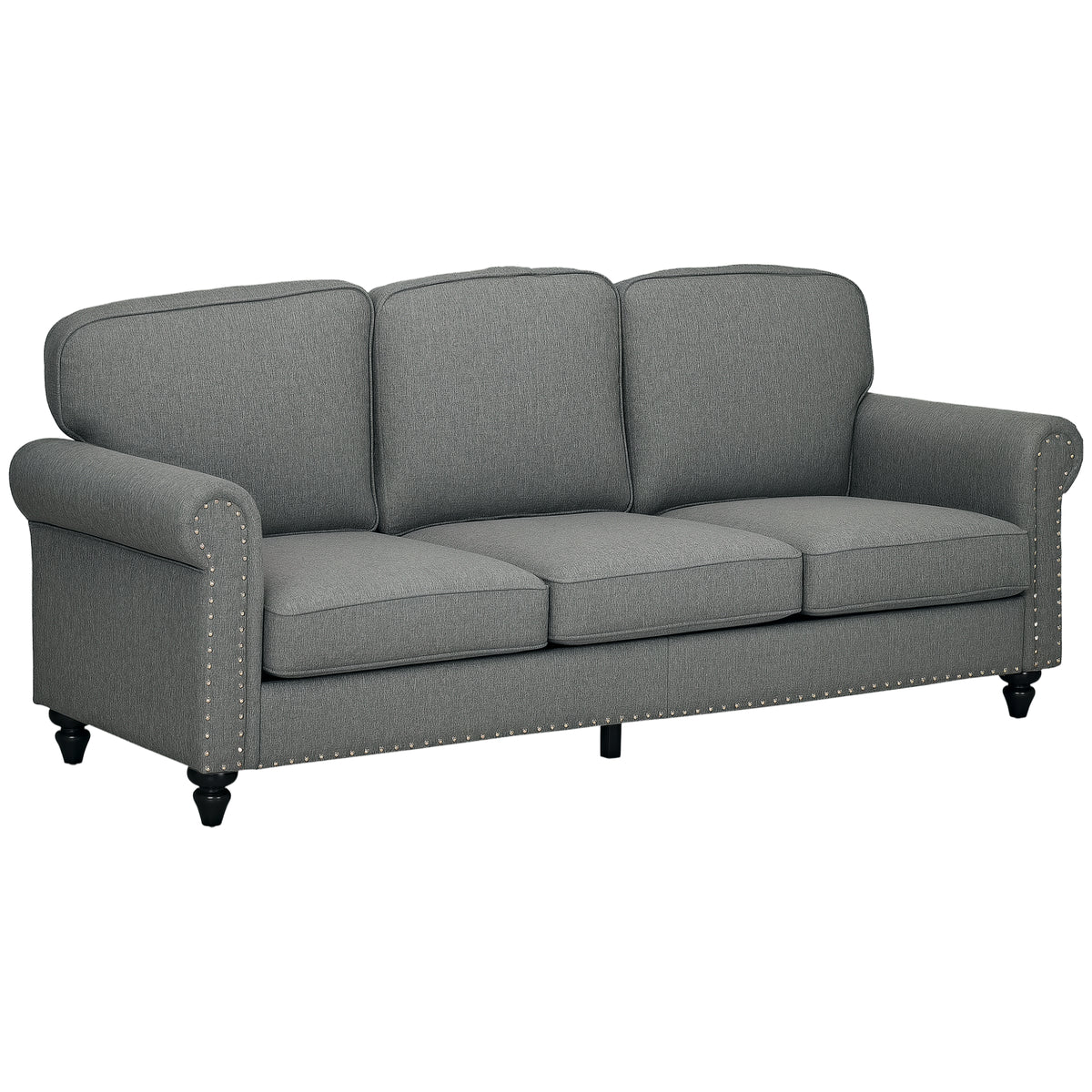 3-Seater Sofa Couch, 81" Modern Upholstered Linen Fabric Sofa with Rubberwood Legs, Nailhead Trim and Rolled Arms for Living Room, Bedroom and Apartment, Grey