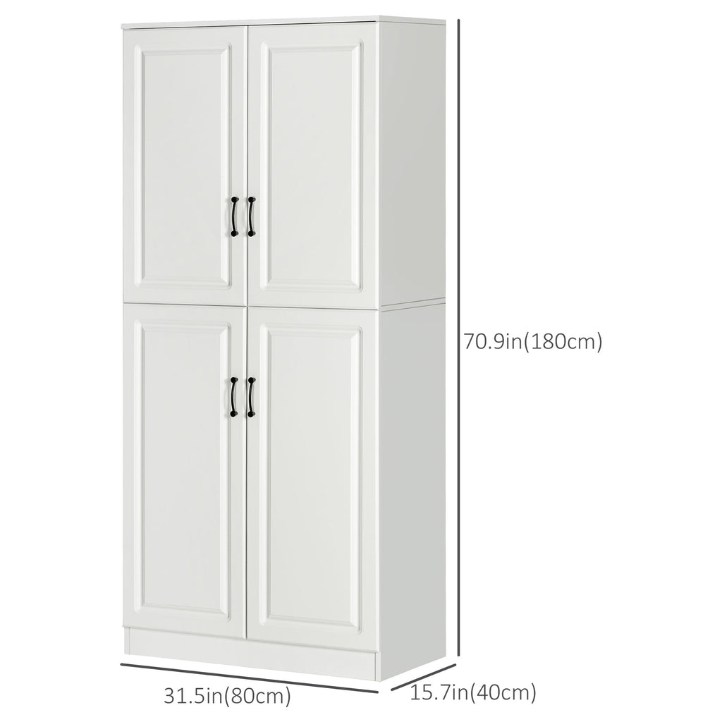 71" Freestanding Kitchen Pantry Cabinet, Storage Cabinet with 4 Hinged Doors and Adjustable Shelves, White