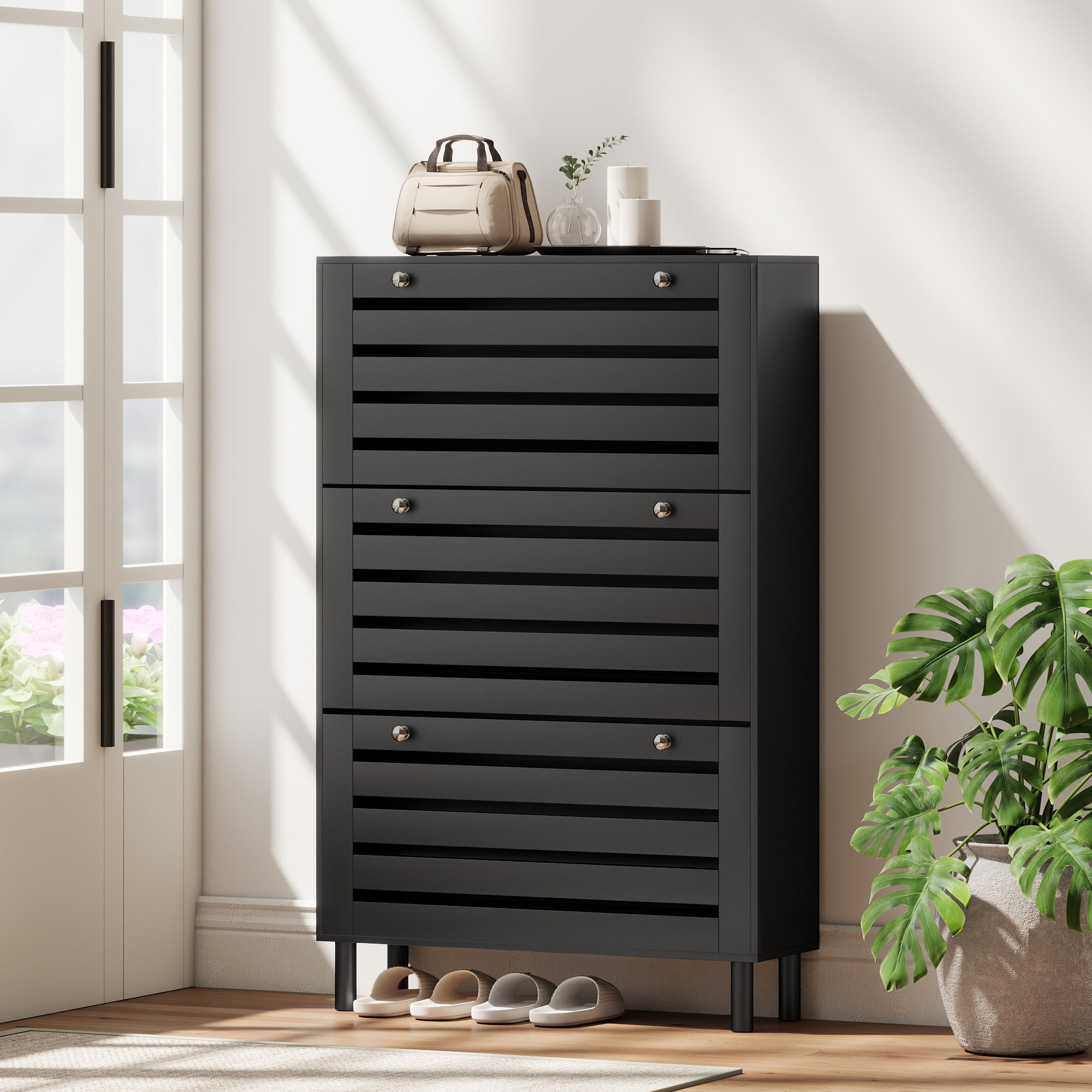 Narrow Shoe Storage Cabinet, 3 Flip Drawers, Adjustable Shelves, 18-24 Pairs Capacity, White