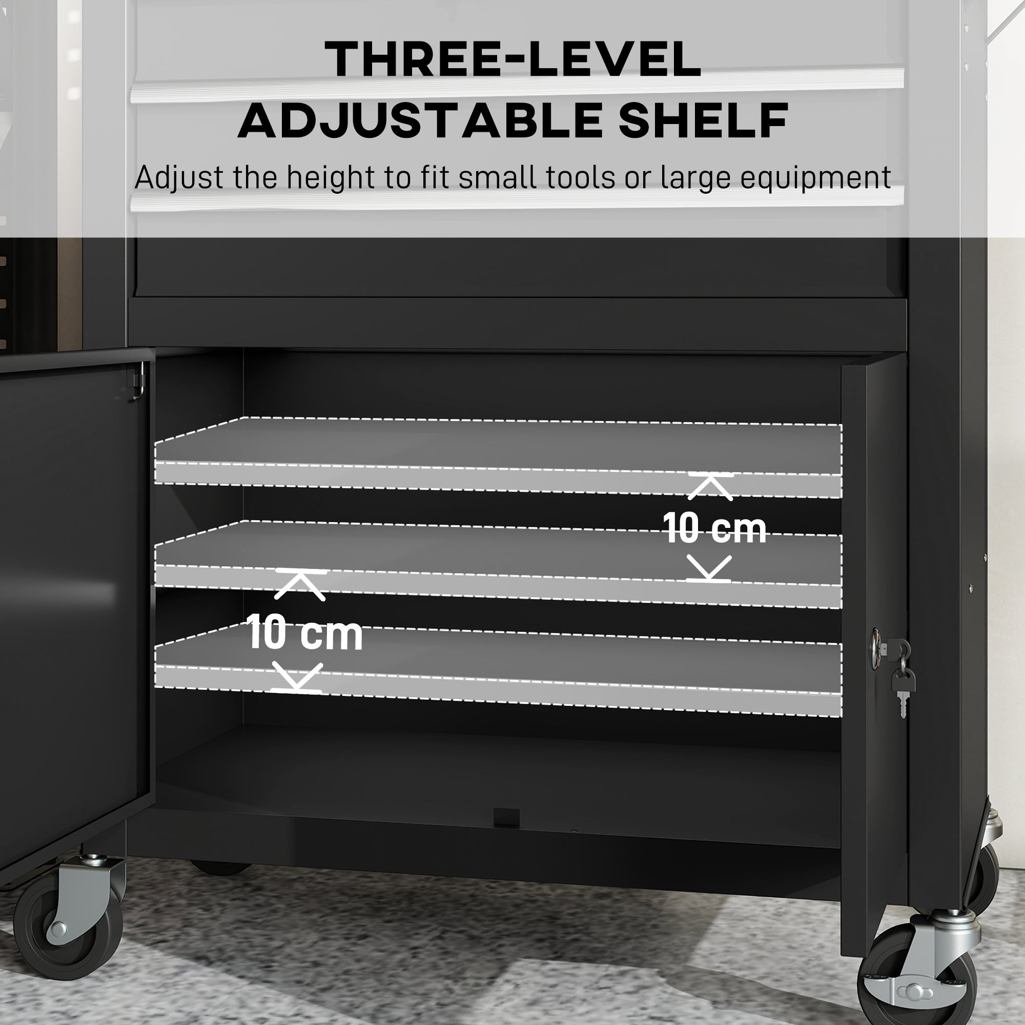 Rolling Tool Cabinet with Pegboard, Lockable Tool Chest, Mobile Tool Storage Organizer for Garage and Workshop, Black