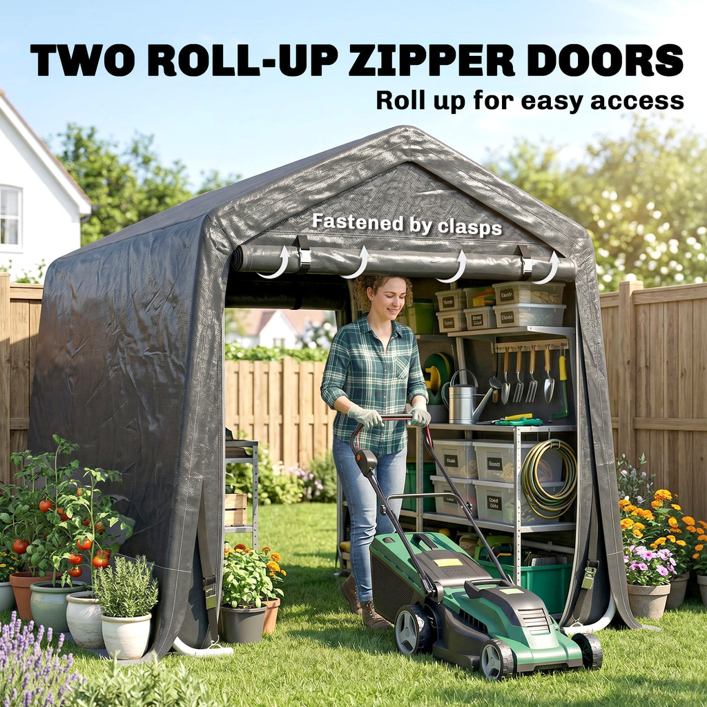 7.9' x 6.6' Garden Storage Tent, Patio Storage Shelter w/ Metal Frame and Double Zipper Doors, Dark Grey