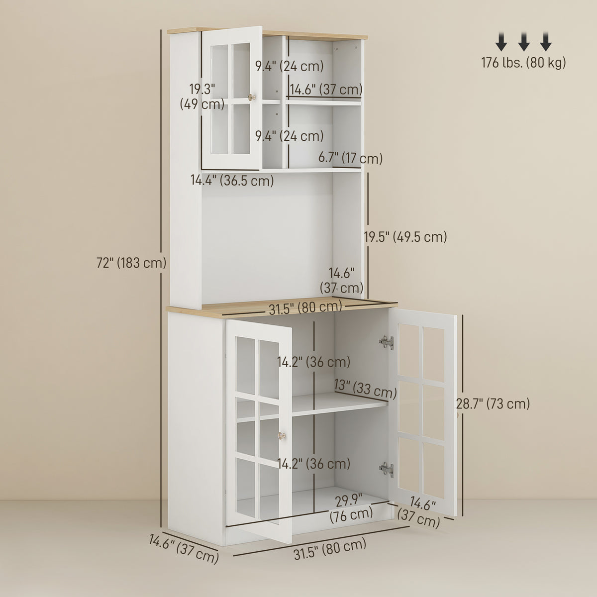 Kitchen Buffet with Hutch, Storage Pantry with 3 Cabinets, 2 Open Shelves and Large Countertop, Black