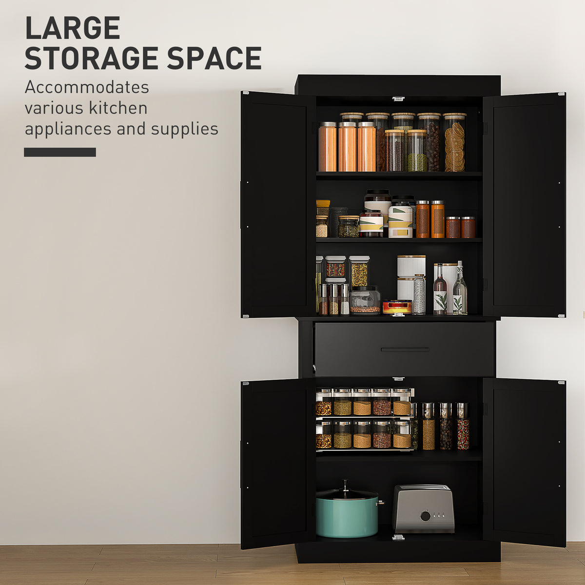 72" Kitchen Storage Cabinet, Farmhouse Kitchen Pantry Cabinet with 4 Barn Doors, Drawer, Adjustable Shelves, White