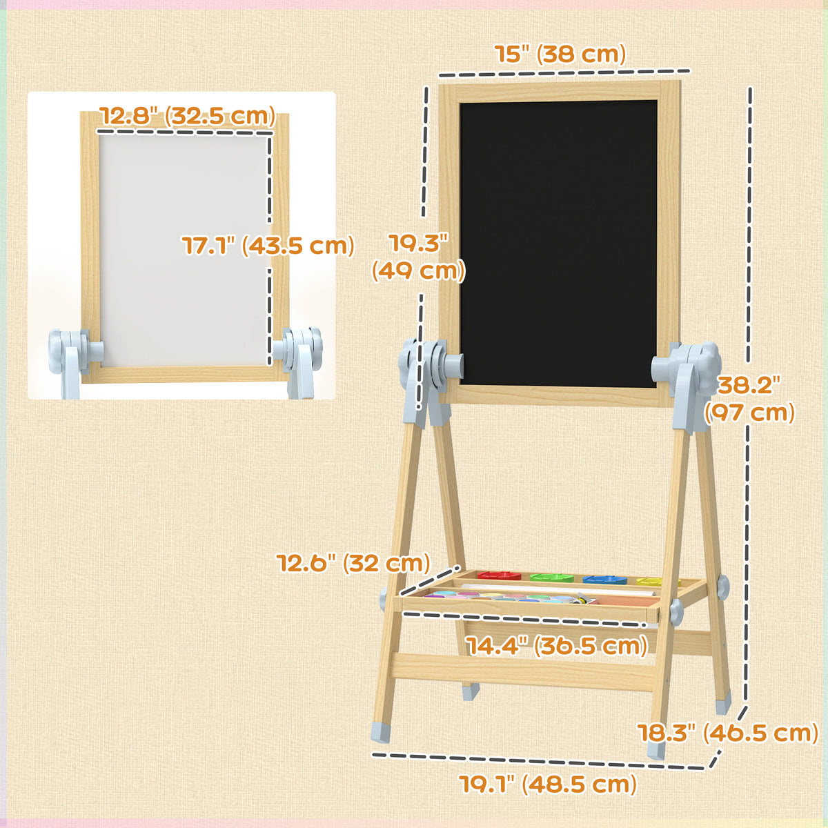 Qaba Wooden Art Easel, Double Sided Kids Easel with Height Adjustable Chalkboard and Magnetic Whiteboard, Natural