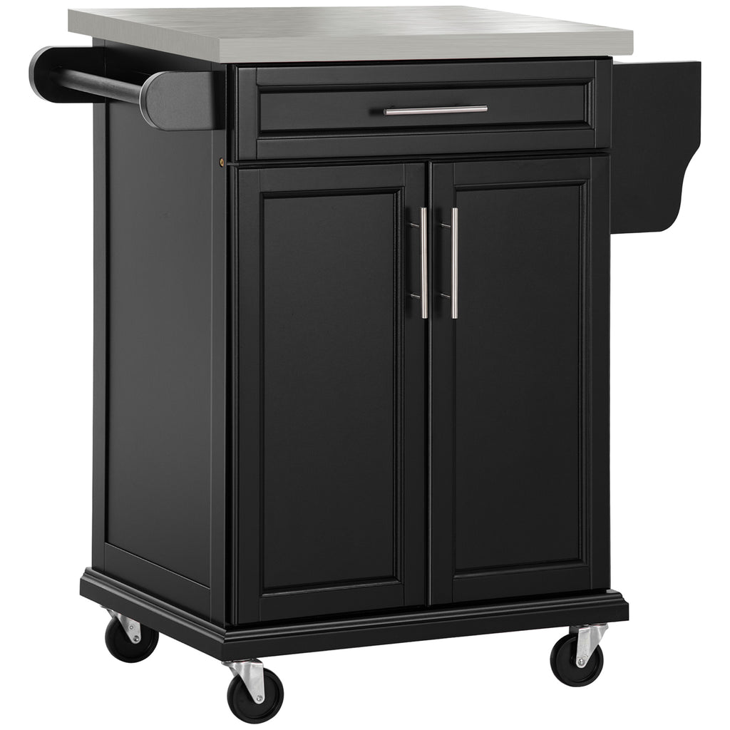 Kitchen Island with Stainless Steel Top, Rolling Kitchen Cart on Wheels with Storage Drawer, Cabinet, Towel Rack and Spice Rack (Black)
