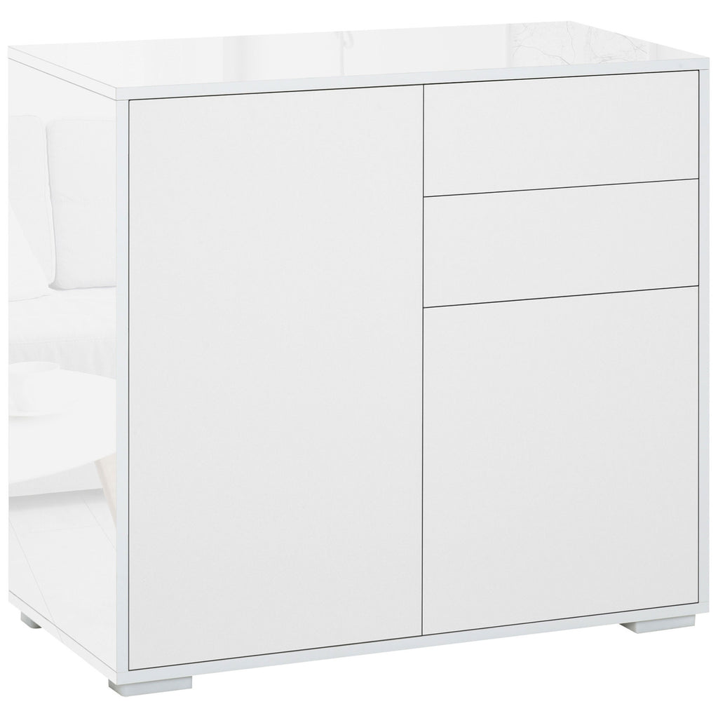 High Gloss Buffet Sideboard with 2 Drawers, 2 Doors and Adjustable Shelf, Kitchen Storage Cabinet with Push Open Design, White