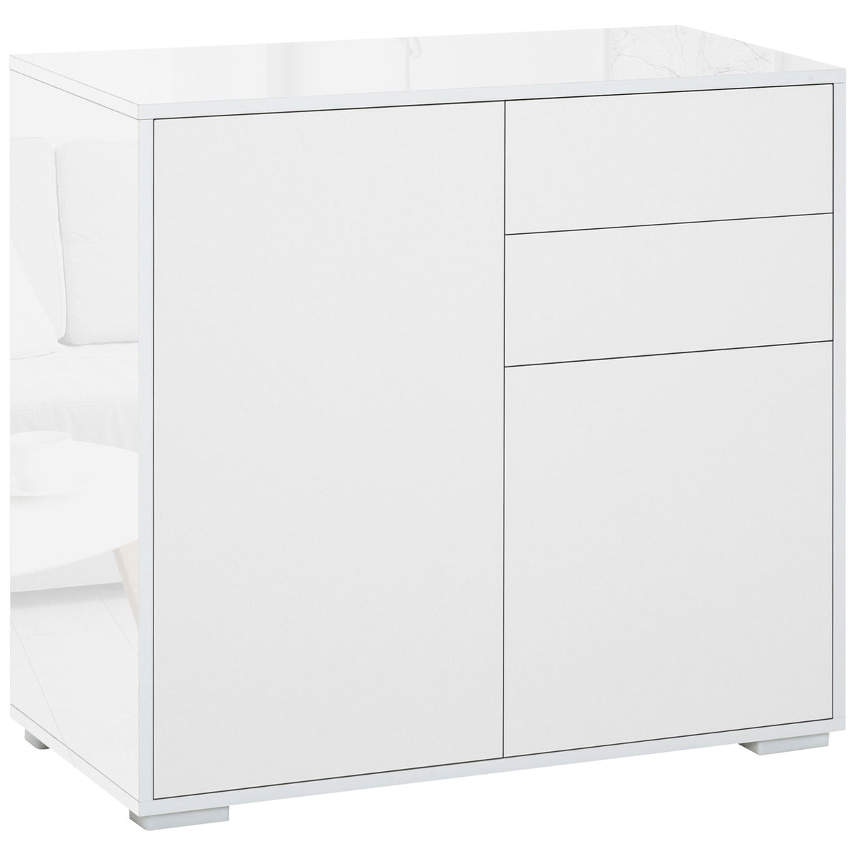 High Gloss Buffet Sideboard with 2 Drawers, 2 Doors and Adjustable Shelf, Kitchen Storage Cabinet with Push Open Design, White