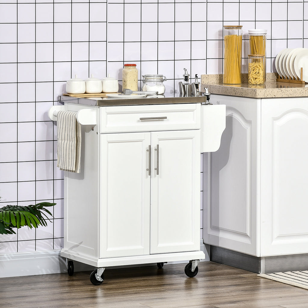 Kitchen Island with Stainless Steel Top, Rolling Kitchen Cart on Wheels with Storage Drawer, Cabinet, Towel Rack and Spice Rack (Black)