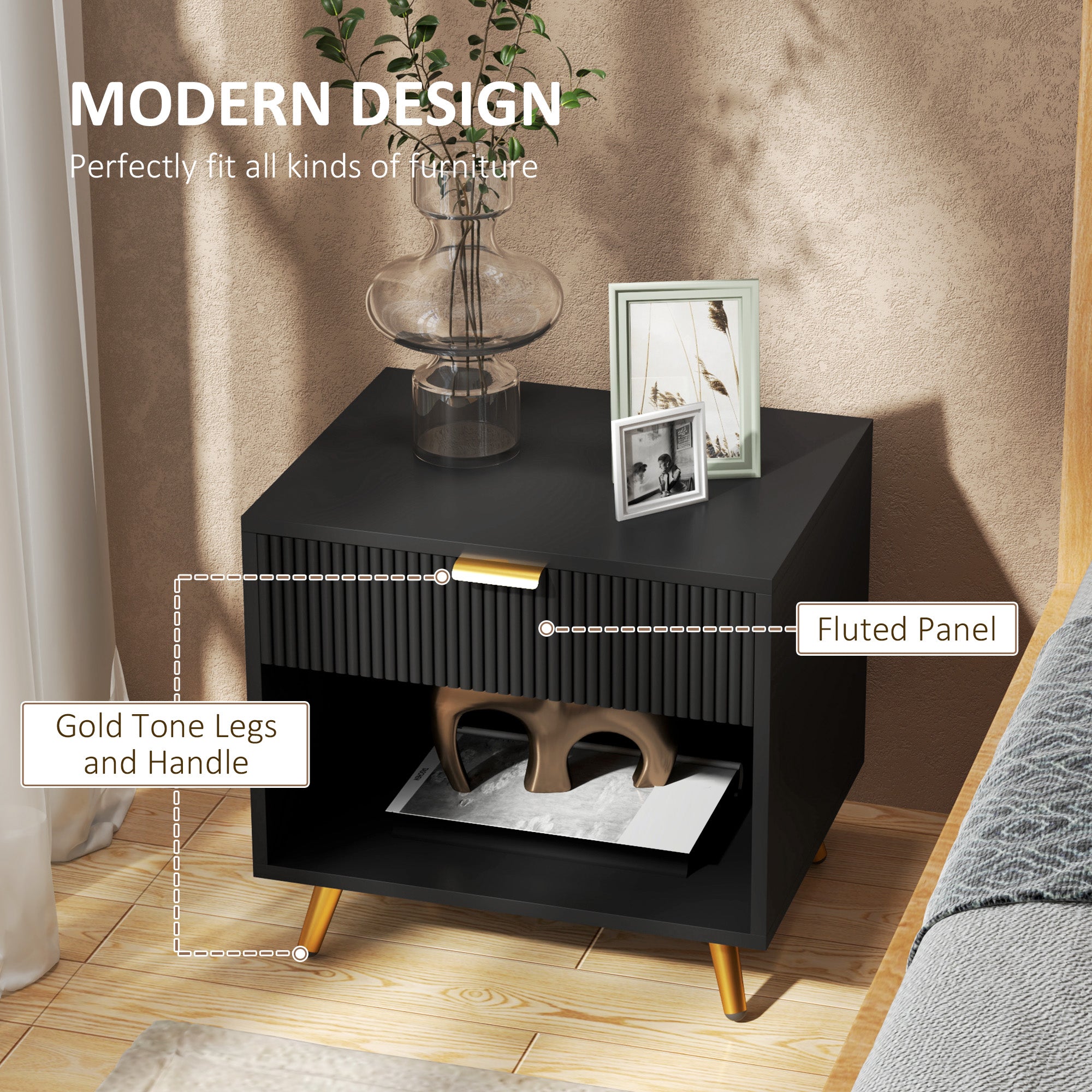 Nightstand with Fluted Panel, Bedside Table with Drawer and Open Compartment, Modern Night Table for Bedroom, Black