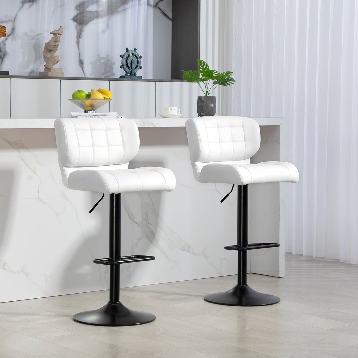 Swivel PU Leather Barstools Set of 2 Adjustable Bar Stools with Footrest Back for Kitchen Counter Dining Room Black