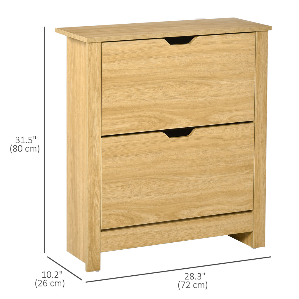 Shoe Storage Cabinet with 2 Flip Drawers and Adjustable Shelves for 8–12 Pairs of Shoes, Natural Wood