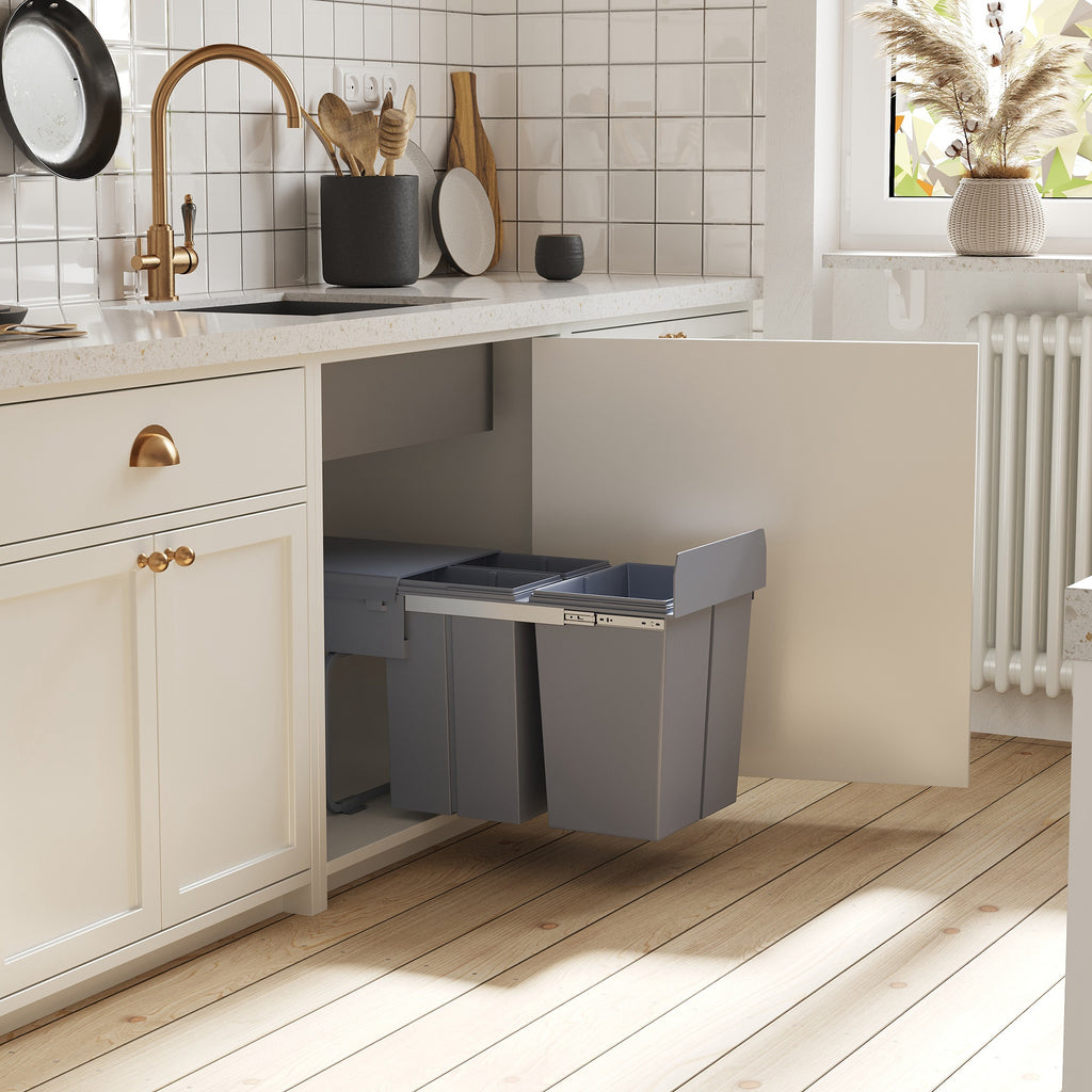 Pull Out Trash Can Under Cabinet, 10.6 Gallon (40L) Slide Out Garbage Can with 3 Removable Compartments, Grey